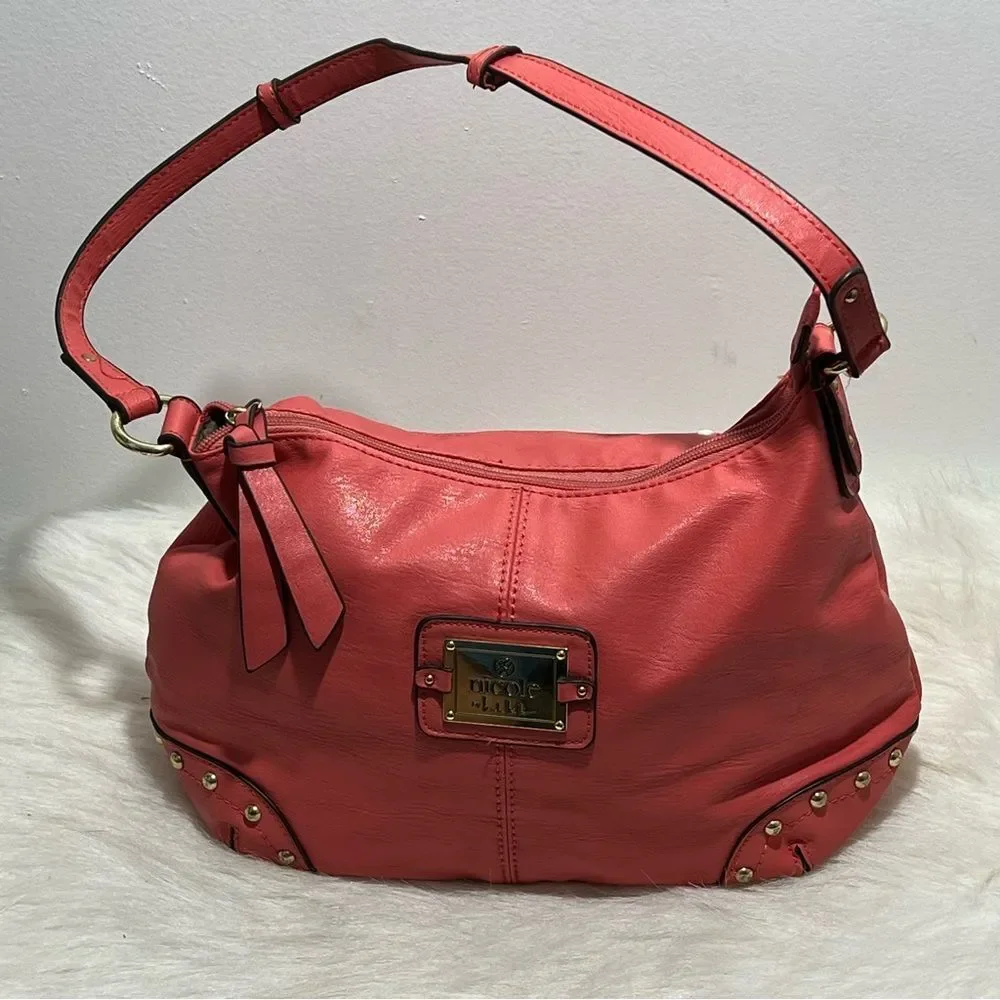 Nicole Miller Peach/Coral Goldtone Studded Hobo Bag‎